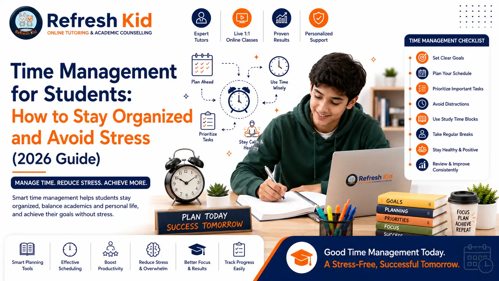 Student using a planner, laptop, and calendar to organize homework, study sessions, and exam preparation.