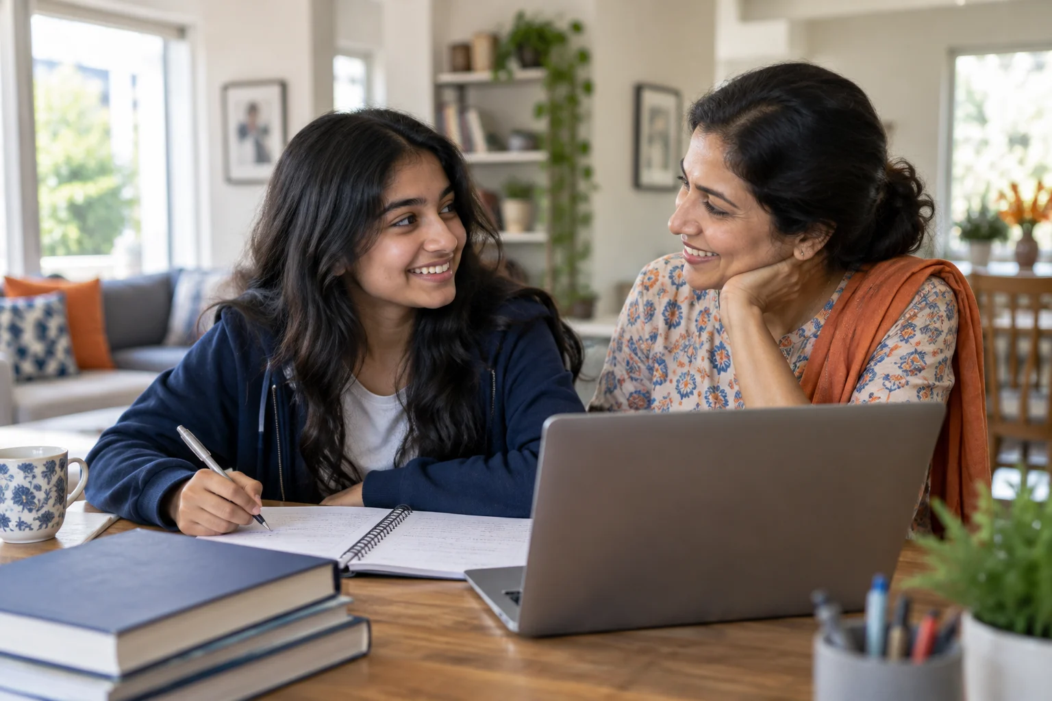 Illustrative scene of a mother and teenage daughter learning together